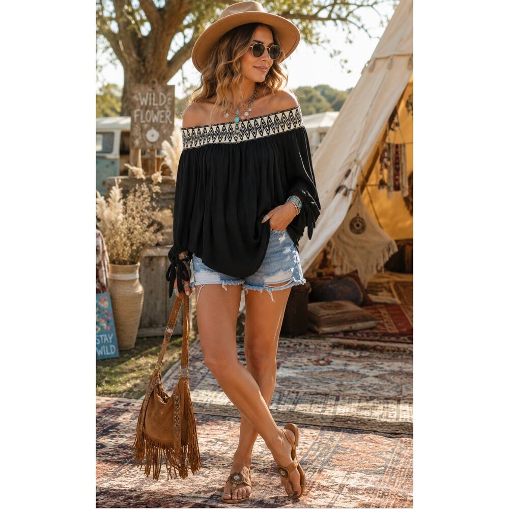 Off Shoulder Embroidered Kim & Cami Large Boho WoodstockCotton Blouse